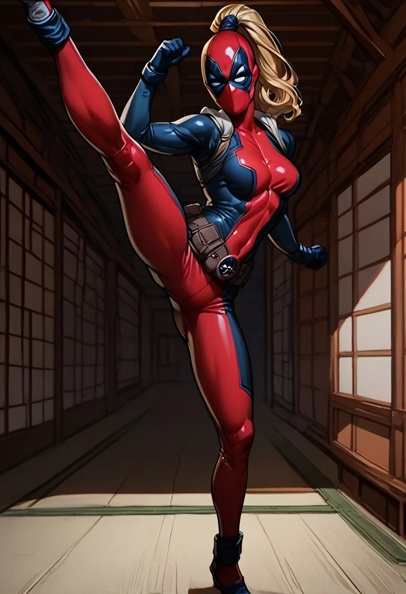 score_9, score_8_up, score_7_up, score_6_up, score_5_up, score_4_up,intricate detail, high res,
1girl, solo, bodysuit, blonde hair, ponytail mask, mask, breasts,
Full body, in dojo, side kick
