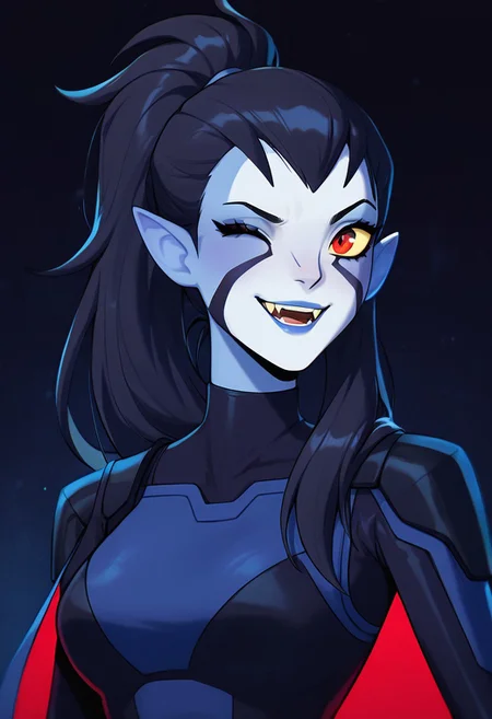 masterpiece, best quality, amazing quality, very aesthetic, absurdres, newest,
<lora:rook-10:1> rook, female focus, colored skin, alien, 1girl, yellow sclera, blue skin, white face, , red eyes, pointy ears, ponytail, black hair, hair on shoulders, smile, upper body, teeth, fangs, open mouth, blue lips, lipstick, wink, 
 blue bodysuit, armor,