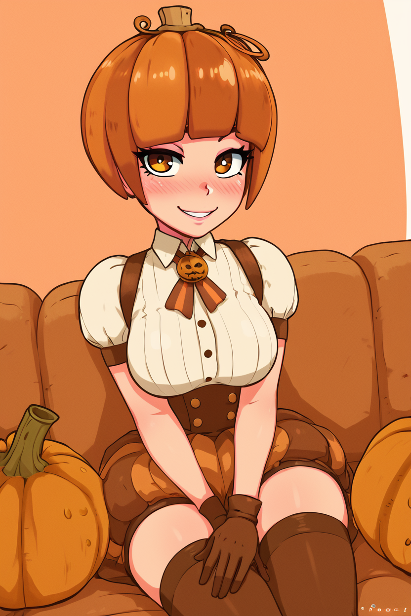 score_9, score_8_up, score_8, medium breasts, (curvy), cute, eyelashes,      ,,, zPmpknGrl, brown eyes, short hair, brown hair, blunt bangs,  gloves, thighhighs, short sleeves, jack-o'-lantern, pumpkin, shirt, sitting, white shirt, <lora:PumpkinGirl_Masashi_PDXL:0.8>,   ,,, hand between legs, blush, smug,  ,,,  smile, looking at viewer, blush, blurry, couch, sitting,   ,,, <lora:Afrobull_PDXL_v5:0.8>, ,  ,,, BREAK,   smile, looking at viewer, cowboy shot,   embedding:zPDXL, Expressiveh, <lora:SDXLFaeTastic2400:0.5>,  <lora:Expressive_H-000001:0.4>,