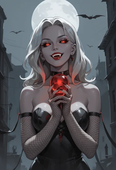 score_9, score_8_up, score_7_up, score_9, score_8_up, score_7_up, score_6_up, 1girl, holding a giant sythe, grey color skin grey skin, colored skin, fishnet gloves, black sclera, red eyes, glowing eyes, fangs, vampire,
<lora:zenith:1>