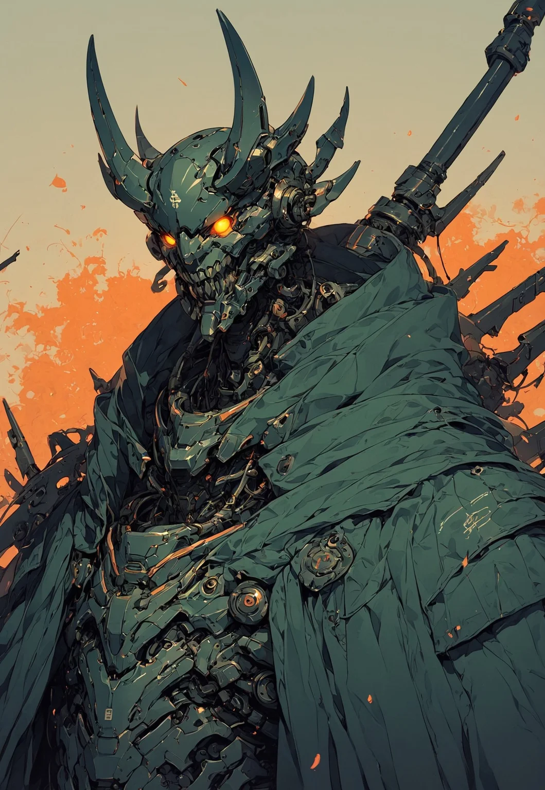 score_9,score_8_up,score_7_up, solo, 1man, upper body, forest green armor, orange oranments, simple neon background, no humans, glowing, glowing orange eyes, helmet, devil horns, robot, insectoid, mecha, oni-demon, silver cyberbunk outfit, blade cloak, heavy weaponized, samurai, naginata blade, science fiction, cyborg, mechanical parts, humanoid robot, bulky, science fiction, sinozick style, flat color, dark theme, cowboy shot, Expressiveh