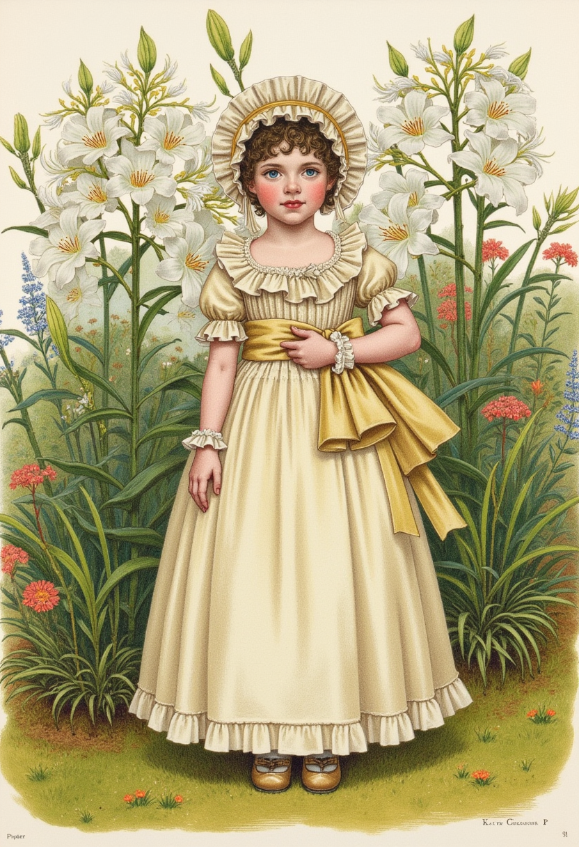 Charming Victorian watercolor painting, by Kate Greenaway. Features young girl in a frilly, cream-colored dress with ruffled collar and cuffs, large sash tied in a bow, and matching bonnet. She stands in a lush garden surrounded by tall white lilies and greenery