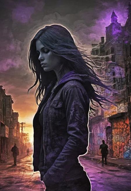 a world inside me, street, epic fantasy, dark fantasy, gritty, real, graffiti, long hair, (((silhouette))), expressionism art, fractals, stopwatch, deep purple and gray, at dusk, cinecolor, (dimmed colors:1.1), hdr, mentixis, linquivera