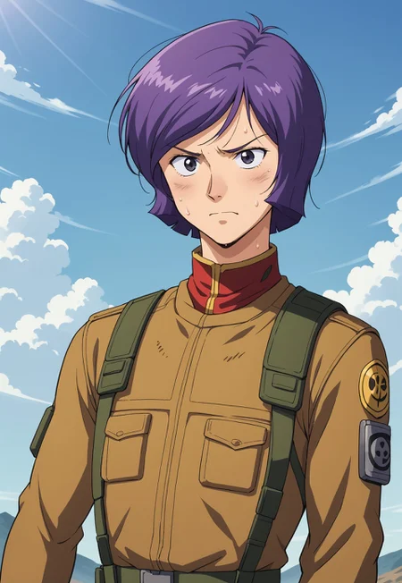score_9, score_8_up, score_7_up, source_anime, cowboy shot, front view, BREAK, ( garma_zabi, black eyes, violet hair, best eyes, pained expression, dirty face, twirling hair, sweat, combat fatigues, ) 1boy, male focus, solo, BREAK, cloudy sky,