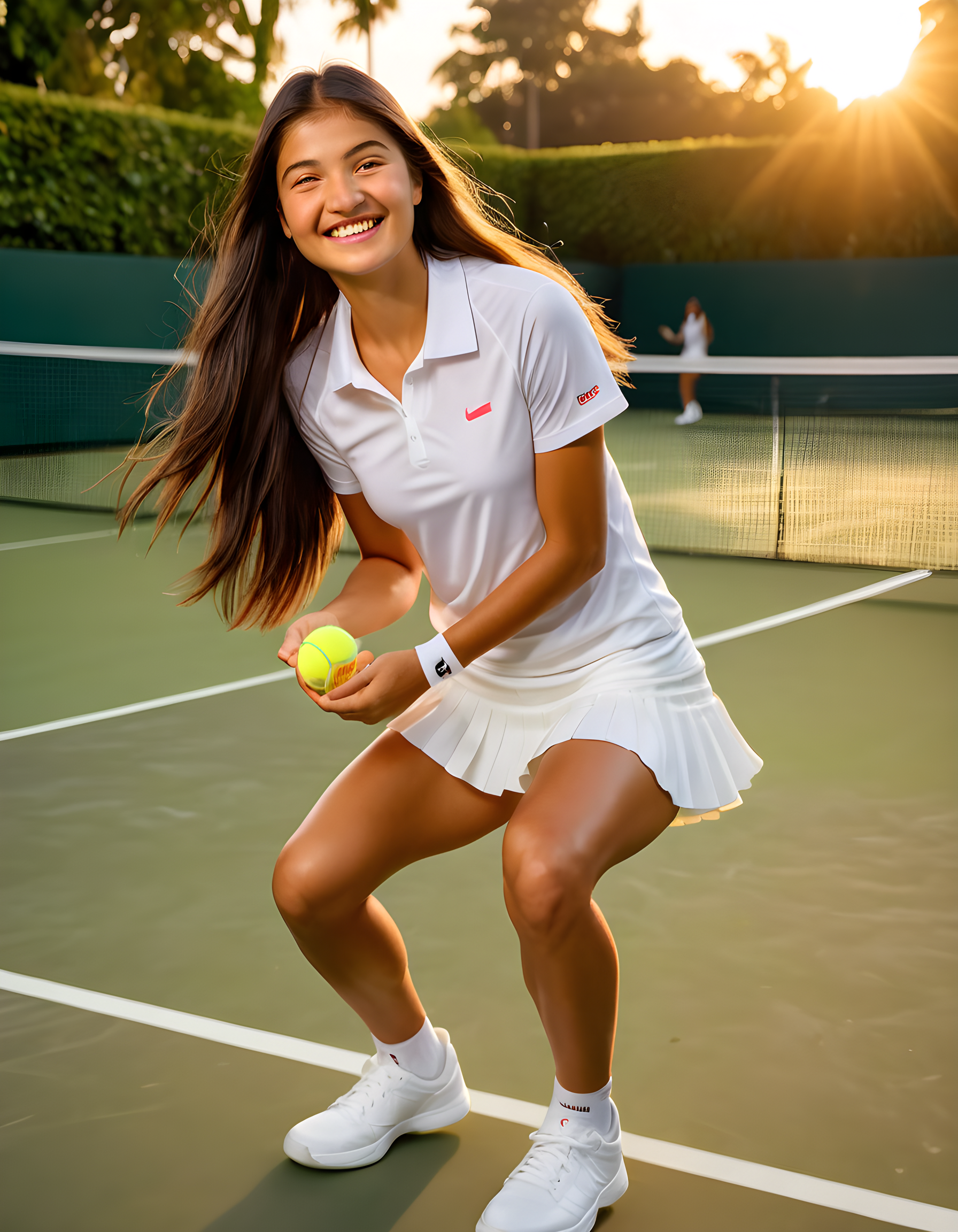 emmaraducanu, In a vibrant outdoor setting under the soft glow of sunset, tennis champion Emma Raducanu is captured in a candid moment. With her hair cascading down her shoulders, she wears a stylish white shirt, her eyes sparkling with warmth as they meet yours, her lips curved in a radiant smile, while holding her long hair in one hand, creating an endearing and empowering image against the backdrop of a lush tennis court bathed in warm, golden light.
