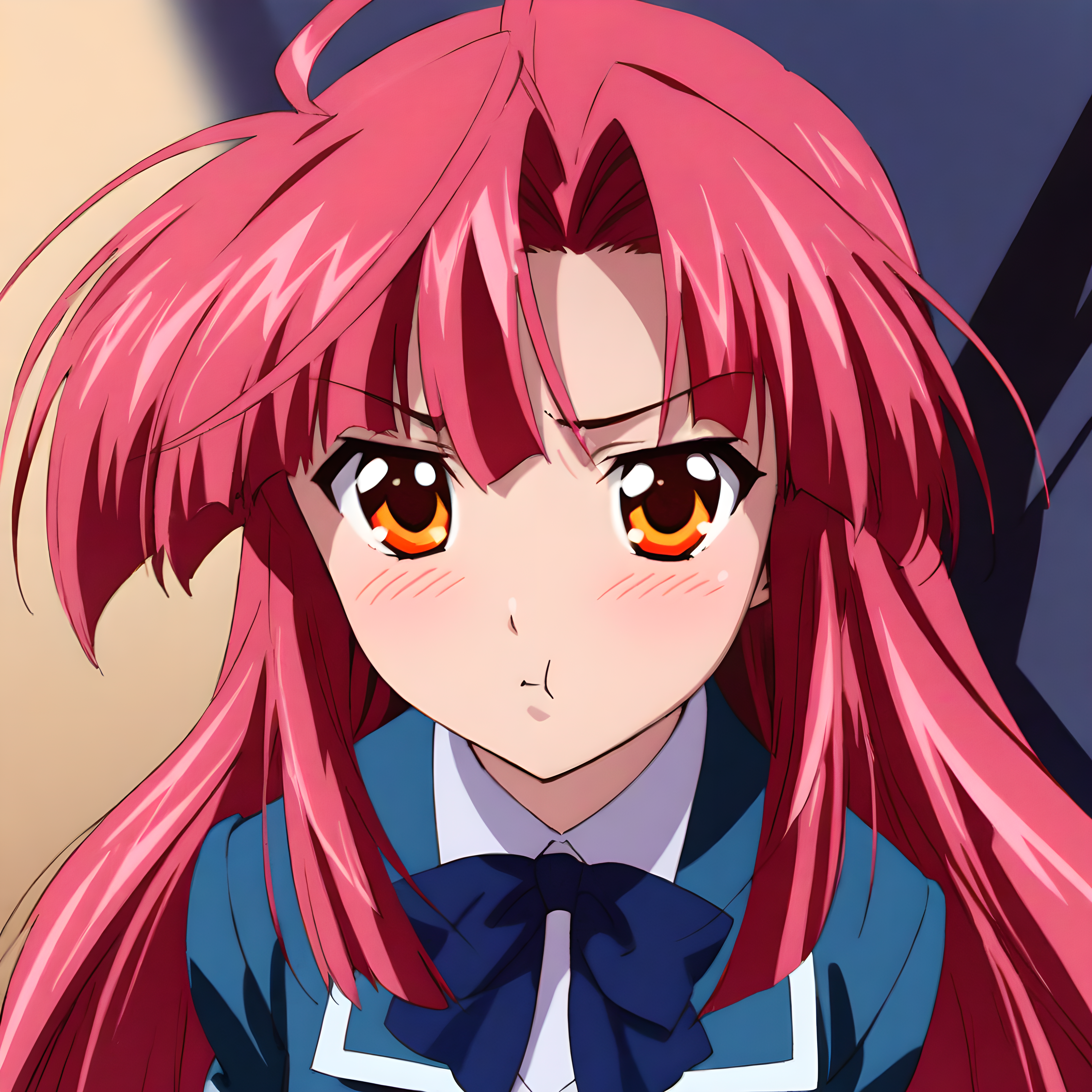 (masterpiece),(best quality),(ultra-detailed),(best illustration),(best shadow),(absurdres),(detailed background),(very aesthetic), ayano kannagi, 1girl, solo, blush, red hair, long hair, pink hair, orange eyes, portrait, pout, looking at viewer, schooluni, school uniform, skirt, from the front, <lora:ayanokannagi-40:1>