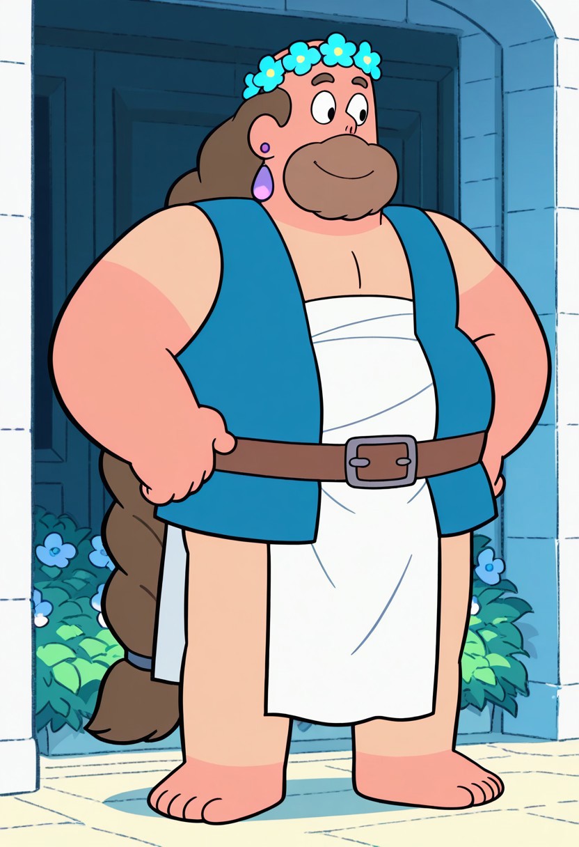 detailed background, detailed background, solo, GregUIL, 1boy, male focus, fat, beard, black eyes, long braided hair, brown hair chubby, smile, masterpiece, perfect quality, best quality, detailed, newest, very aesthetic, Z00Man0utfit, flower crown, blue vest, white loincloth, brown belt, purple earrings, bare feet