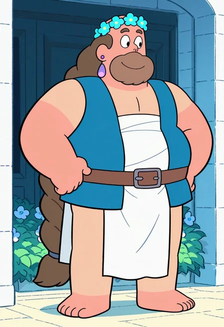 detailed background, detailed background, solo, GregUIL, 1boy, male focus, fat, beard, black eyes, long braided hair, brown hair chubby, smile, masterpiece, perfect quality, best quality, detailed, newest, very aesthetic, Z00Man0utfit, flower crown, blue vest, white loincloth, brown belt, purple earrings, bare feet