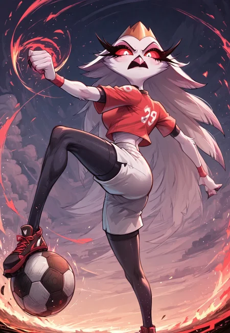 masterpiece, score_9_up, score_8_up, score_7_up, score_6_up, source_furry, (best quality:1.1), ultra-detailed, high resolution, solo, highly detailed macro illustration, Stella, from helluva boss, avian, pink beak, red sclera, long eyelashes, ((beautiful detailed eyes)), red sclera, (angry expression, angry face:1.1), black soccer uniform, sports shoes BREAK action pose, soccer game, kicking ball, flipping off viewer, outdoors, soccer field, BREAK Highly Visible, sharp focus, perfect lighting, anatomically correct, extremely detailed, high detail, Expressiveh, detailed background, zPDXL3