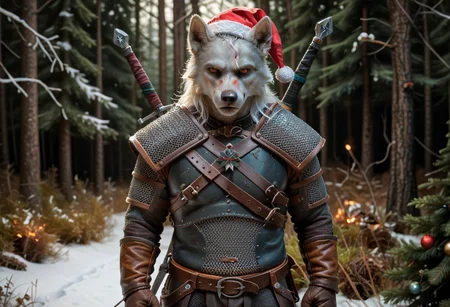 Geralt, solo, (as a white wolf), w1tch3r, (wearing a christmas hat), 
in a snow forest, christmas tree in the background, 
(fluffy_new_year, merry_furistmas), 
looking at the camera, grim, 
sfw