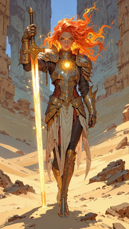 In the heart of a sun-scorched desert, where the golden sands stretch endlessly to the horizon and the air shimmers with heat, a figure emerges from the mirage-like waves of the dunes. She is a Fire Genasi, her humanoid form infused with the essence of elemental fire, her skin glowing with a faint, reddish hue, as if embers smolder just beneath the surface. Her hair, a wild cascade of fiery red and orange, flows like liquid flame, each strand seeming to flicker and dance with an inner heat. Her eyes, a molten gold, burn with an intensity that matches the desert sun, reflecting the unyielding power of the flames within her. Her face is striking, with high cheekbones, a strong jawline, and full lips painted a deep, fiery red. Her nose, slightly aquiline, flares as she inhales the dry, scorching air, and her ears, slightly pointed, twitch at the faintest sounds carried by the desert wind.
She is a Sun Paladin, a holy warrior who channels the radiant energy of the sun, and her presence is both awe-inspiring and commanding. Her outfit, a blend of gleaming plate armor and flowing fabric, is both practical and majestic, designed to protect her in battle while still allowing for the freedom of movement needed to wield her divine powers. Her chest plate, forged from a golden metal that seems to glow with the light of the sun, is adorned with intricate engravings of sunbursts and flames, each one radiating divine energy. Her shoulders are protected by pauldrons shaped like rising suns, their edges glowing faintly with a warm, golden light. Around her neck hangs a pendant in the shape of a blazing sun, its surface polished to a mirror shine, reflecting the light of the desert.
Her arms are encased in gauntlets of the same golden metal, their surfaces etched with runes that pulse with a soft, fiery light. Her hands, strong and calloused from years of wielding a weapon, grip a massive longsword, its blade forged from a metal that seems to shimmer with the heat of the sun, the edge glowing faintly with divine energy. Her lower body is clad in a skirt of layered metal plates, each one dyed in shades of gold and orange, allowing for maximum movement while still providing protection. Beneath the skirt, she wears tight-fitting leggings of a dark, shimmering hue, blending seamlessly with the golden sands. Her boots, made of reinforced leather, are laced up to her knees, the soles thick and sturdy, grounding her against the scorching heat.
The scene around her is one of stark beauty and relentless heat. The desert stretches endlessly in every direction, the golden sands shifting and swirling with the wind. The air is thick with the scent of dry earth and the faint tang of metal, and the faint sound of the wind whistling through the dunes echoes across the landscape. The Sun Paladin stands at the center of it all, her longsword raised high, her body glowing with divine energy, a beacon of light amidst the desolation.
The overall color palette is a blend of deep golds, oranges, and reds, evoking the essence of the sun and fire. The light, emanating from the sun above, casts a harsh, golden glow over the scene, highlighting the Fire Genasiâs features and the stark beauty of the desert. The atmosphere is one of both awe and intensity, a place where the line between the divine and the mortal blurs, and where the Sun Paladin stands as a conduit for the radiant power of the sun.
This is not just a portrait; it is a glimpse into the heart of a sun-scorched desert, a testament to the power and grace of the Sun Paladin and her connection to the divine light. It is a scene of epic proportions, where the line between the mortal and the divine blurs, and where the fiery beauty of the Genasi comes alive in the form of a powerful, awe-inspiring warrior.
soft pastel anime, Magic style, mythp0rt, DB4RZ