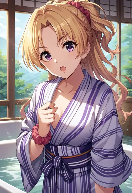 score_9, score_8_up, score_7_up, source_anime,kiryuu tsukasa, blonde hair, purple eyes, long hair, 1girl, solo, japanese clothes, yukata, kimono, wrist scrunchie, looking at viewer, scrunchie, takoyaki, bath yukata, open mouth