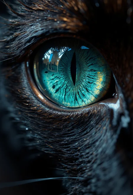 Focus on the textured surface of a cats eye and slight part of its nose and mouth,capturing the dense network of tiny, repeating dimples that create a fractal-like pattern. Use an ultra macro lens to isolate a small section of the eye,emphasizing the tactile detail of its teal surface. Side lighting enhances the dimensionality of each line, casting subtle shadows across the cats smooth black fur
Position the camera to balance symmetry and organic randomness, creating a dynamic yet harmonious composition. The vivid teal hue of the eye dominates the frame, with blurred highlights in the background adding a sense of warmth and depth. This close-up transforms an everyday object into a study of micro-scale fractal beauty.