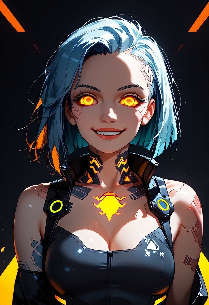 score_9, score_8_up, ultraHD, easynegative, Expressiveh, ultrarealistic, BREAK, dragongoddess, cyberpunk outfit, fully covered, digital clothes, neon orange digital eyes, cyberpunk face, warm smile, bust shot, BREAK