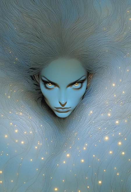 artwork by Moebius (Jean Giraud) Style page, Artwork painting watercolor and pen, there is a woman with long hair, naoto hattori, mark brooks and brad kunkle, style of aesthetic, comic book artwork portrait of a young woman 20yo, she has a striking light gray eyes, long eyelashes and well-defined eyebrows, catchlights, portrait masterpiece, perfect beautiful face , (light freckles:0.3) , sparkling eyes, sad expression, intimate and engaging portrait with a sense of mystery, ethereal abstractions, background is minimalist, duo-toned color graded, finely detailed, beautiful cleavage, simmetry, high budget, sharp focus, intricate fractal details, analog drawing , <lora:MoebiousXL:1>, <lora:OverallDetailXL:1> OverallDetailXL, <lora:sdxl:1>