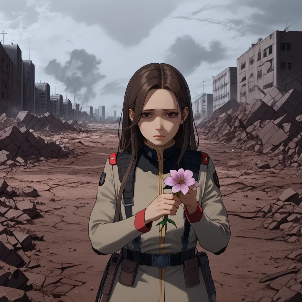 score_9, score_8_up, score_8, solo, adult, <lora:EFF_Soldier_Mobile_Suit_Gundam_Pony_SDXL:1>, eff soldier, uniform, 1 woman, sad, holding a flower, rubble, destroyed city, smoke, long brown hair, close up, looking down