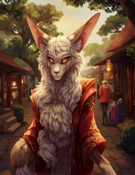 <lora:ck-LttleGhost-000011.safetensors:1> in the style of ck-lttlegh0stIn a quaint village setting, a majestic anthropomorphic fox stands tall in elegant red and gold attire, its flowing white hair aglow with an ethereal light. The subject's piercing red eyes burn with intensity beneath a serene smile, as it is set against the whimsical backdrop of a mystical forested hillside and rustic market stalls filled with exotic wares. Golden embroidery on crimson silk robes seems to shimmer, while a delicate circlet adorned with pulsing rubies crowns its brow.