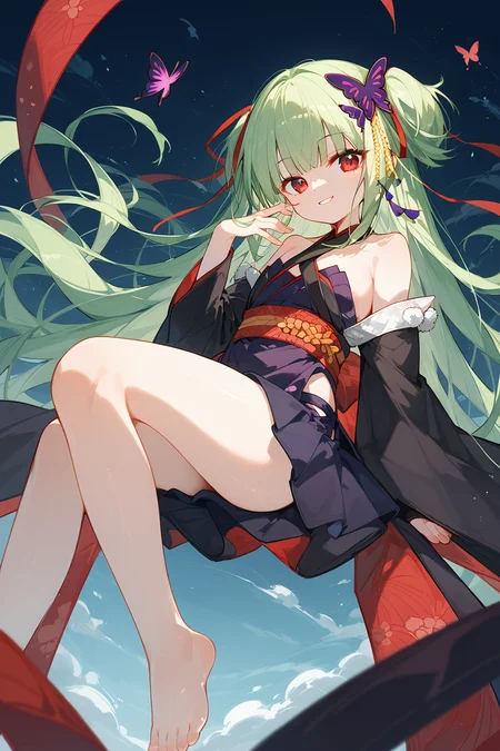 (score_9,score_8_up,score_7_up),<lora:congyu(Senren Banka)-v1:1>,congyu(Senren*Banka),1girl,solo,long hair,green hair,hair ornament,butterfly hair ornament,japanese clothes,hair ribbon,ribbon,bare shoulders,very long hair,hand on hip,detached sleeves,skirt,red eyes,looking at viewer,smile,sash,
good feet,anime,NSFW,expressive,amazing quality,ultra hd 32k,