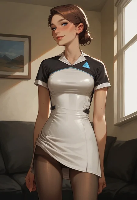 score_9, score_8_up, score_8_up, godrays,1girl, living room, blush, sweat, expressiveh, used, standing, sexy legs, sexy pose, thigh gap, legs apart, happy, pantyhose, medium breast, petite body, skinny, 1girl, short hair, brown hair, blue eyes, lips, dress, pants, short sleeves, gentle smile, dynamic angle, lifting skirt up