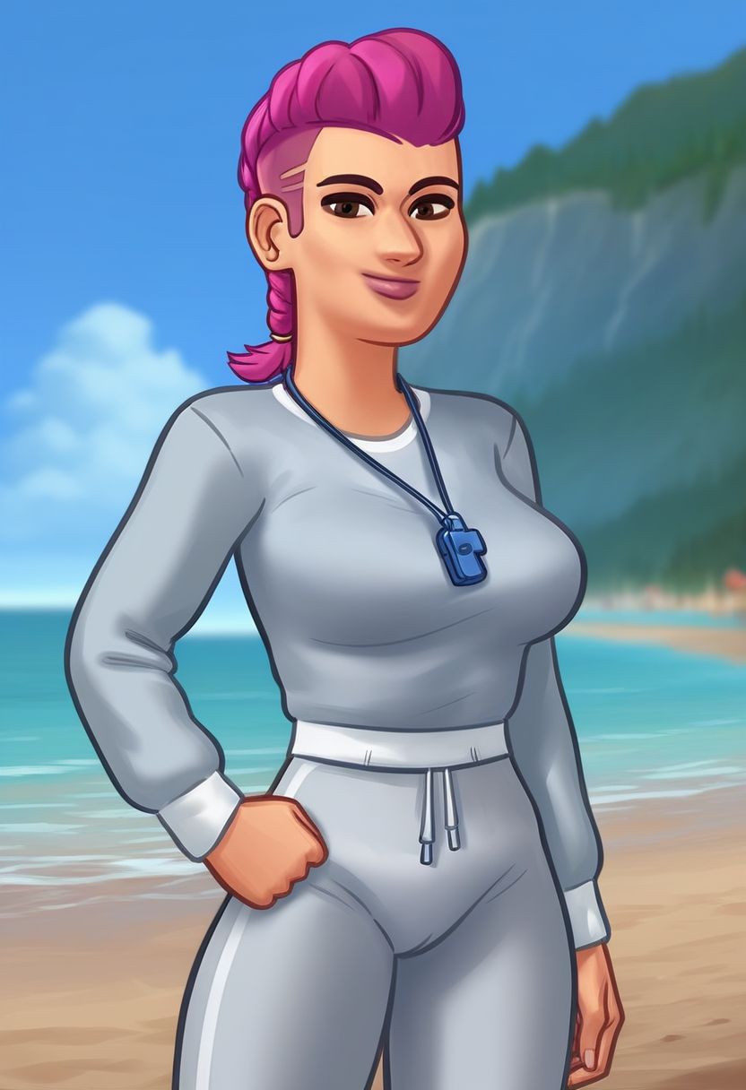 score_9, score_8_up, score_7_up, score_6_up, score_5_up, score_4_up, ((low depth of field)), <lora:SummertimeSagaXL_Pony:0.4>, (Drawn in the style of summertime saga), (beautiful landscape),
BREAK
<lora:stsBridget-10e:0.7>, stsbridget standing on beach, 1girl, medium breasts, brown eyes, pink hair, single braid, blue whistle, grey sweatshirt, long sleeves, grey sweatpants, looking at viewer, smile, hand on hip