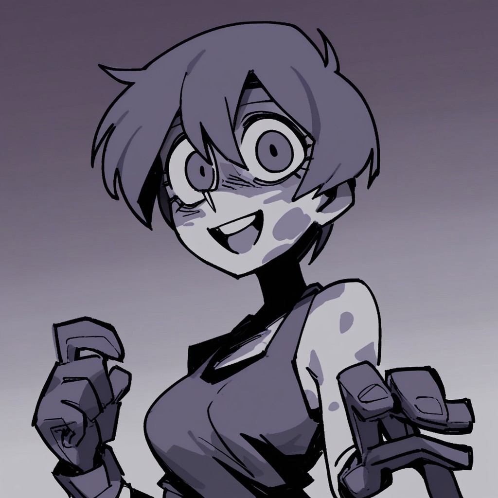 score_9, score_8_up, score_7_up, UsterkaAwaria, purple theme, short hair, dirty face, oil stains, 1girl, solo, smile, short hair, open mouth, gradient, upper body, gradient background, looking at viewer, medium breasts, monochrome, purple eyes, dull colors, gloves, tank top, no sleeves, toned body,