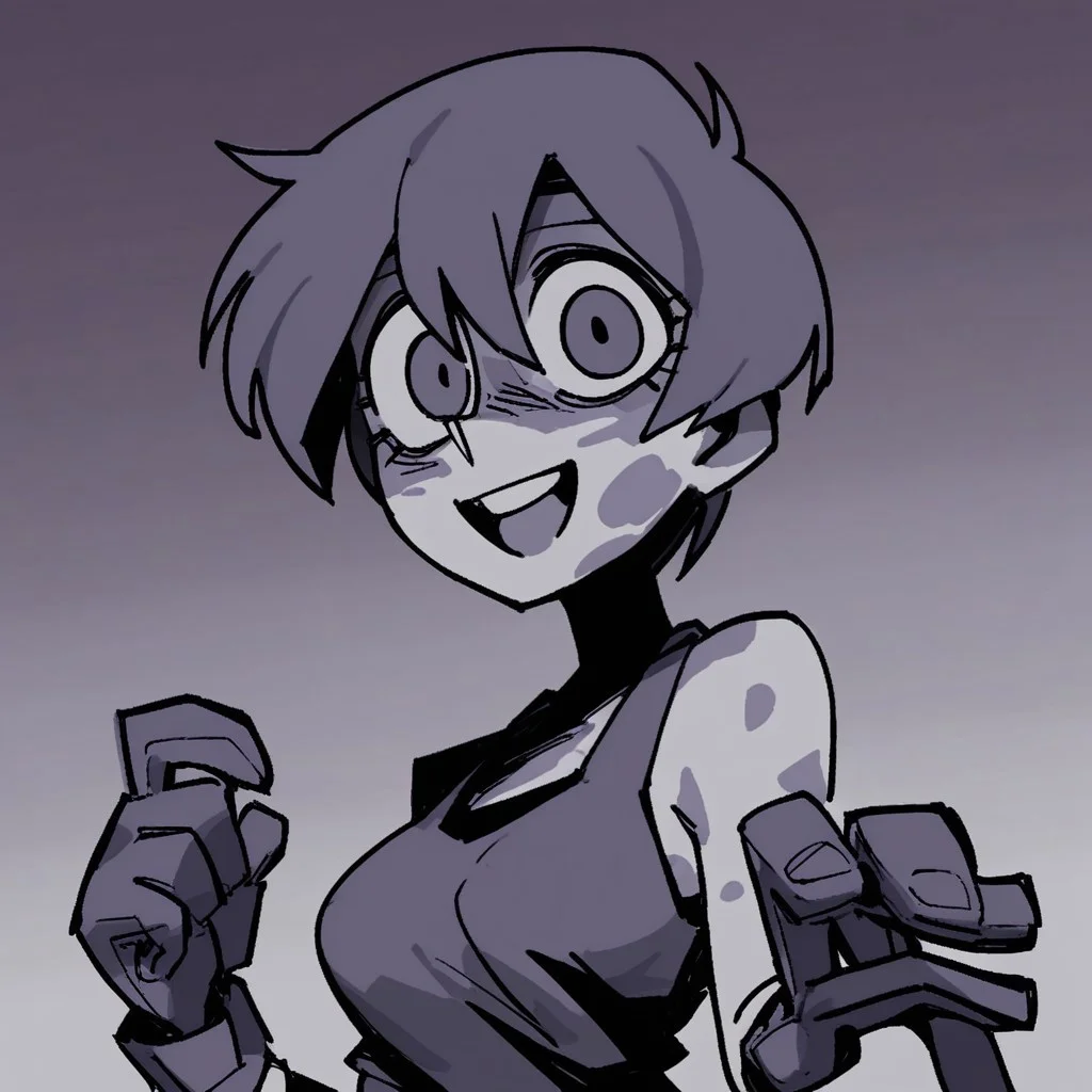 score_9, score_8_up, score_7_up, UsterkaAwaria, purple theme, short hair, dirty face, oil stains, 1girl, solo, smile, short hair, open mouth, gradient, upper body, gradient background, looking at viewer, medium breasts, monochrome, purple eyes, dull colors, gloves, tank top, no sleeves, toned body,