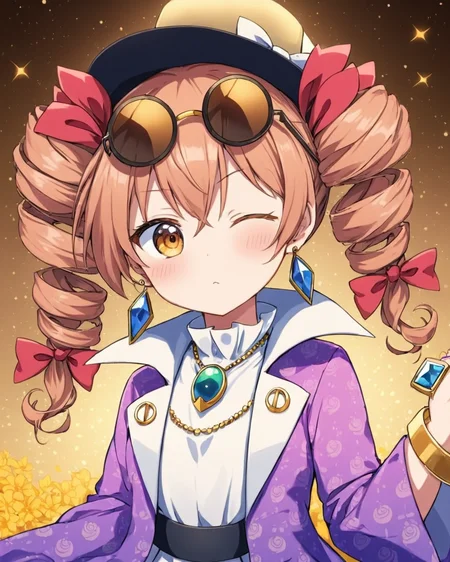 yorigami jo'on,1girl, sunglasses, round_eyewear, eyewear_on_head, earrings, twin_drills, gold, ring, bangle, white_dress, necklace, purple_coat, one_eye_closed, high_collar, floral_print, pendant, ribbon, hat_bow, cowboy_shot, mini_top_hat, blush, solo, gradient, gradient_background, looking_at_viewer
<lora:yorigami_jo'on_image1462_2023-12-20-000014:1>,star-shaped_pupils,symbol-shaped_pupils,. gorgeous,key visual, vibrant, studio anime,award-winning, professional, highly detailed,high budget, cinemascope