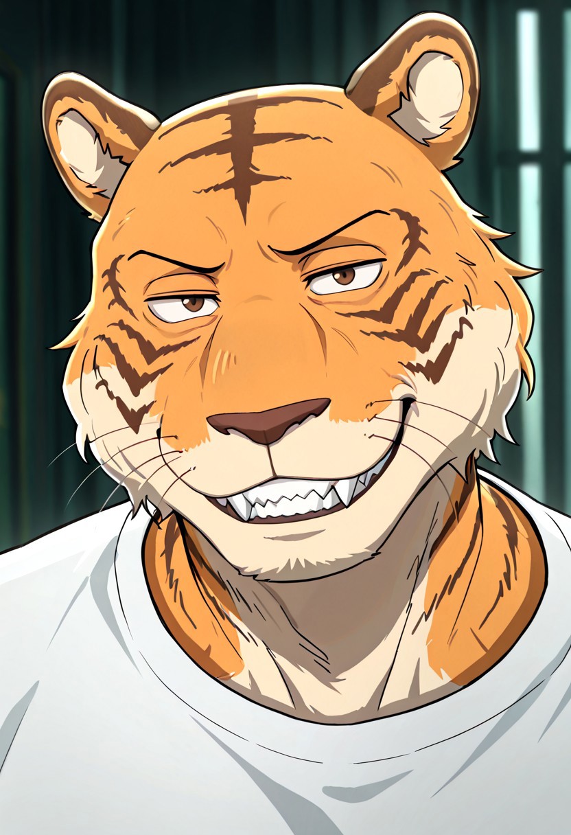 male focus, male focus, solo, mature male, w0lfc0nf, BillBeastars, 1boy, male, anthro, bengal tiger, tiger, beastars, broad shoulders, brown eyes, orange fur, black stripes, cream-colored underbelly, sharp teeth, sharp fangs, smug expression,
BREAK, toned male, thick thighs, smug, detailed, perfect anatomy, masterpiece, best quality, good quality, newest, very aesthetic, broad shoulders, blurry background, volumetric lighting, open eyes, 1boy, solo, male focus, mature male, looking at viewer, simple background, head focus, portrait, detailed head, broad shoulders, muscle chest, white shirt, smug grin