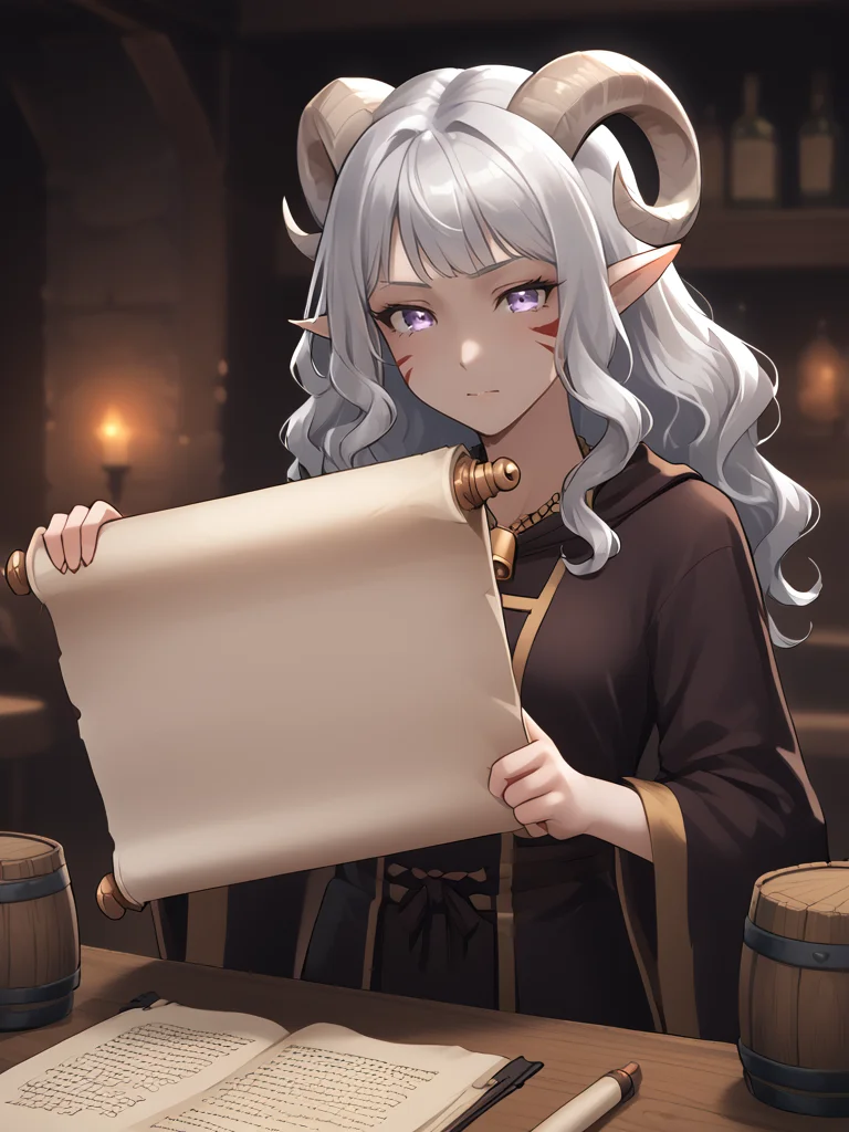 source_furry, score_7_up, rating_safe, source_anime, anime face, <lora:whisker_markings:0.8>red whisker_markings, silver long wavy hair, bell necklace, short pointy ears, purple eyes, <lora:age_slider_v4:0.6>
<lora:Test_Diana:0.8> tiefling_bard_diana:1.2, solo , outstretched arms, looking at scroll,
scroll, holding scroll, tavern, table,
<lora:Opened_Scroll:0.8>
<lora:Smooth Style 2 SDXL_LoRA_Pony Diffusion V6 XL:0.4> <lora:INKxXmo shaded face:0.3> Shaded FaceINKxXmo Dark Theme,