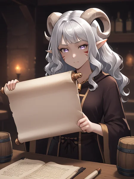 source_furry, score_7_up, rating_safe, source_anime, anime face, <lora:whisker_markings:0.8>red whisker_markings, silver long wavy hair, bell necklace, short pointy ears, purple eyes, <lora:age_slider_v4:0.6>
<lora:Test_Diana:0.8> tiefling_bard_diana:1.2, solo , outstretched arms, looking at scroll,
scroll, holding scroll, tavern, table,
<lora:Opened_Scroll:0.8>
<lora:Smooth Style 2 SDXL_LoRA_Pony Diffusion V6 XL:0.4> <lora:INKxXmo shaded face:0.3> Shaded FaceINKxXmo Dark Theme,