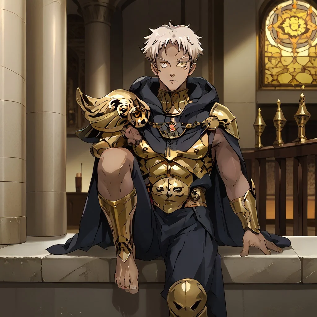 source_anime, anime screenshot, anime colouring, highly detailed, intricately detailed illustration, Palace background, indoors, solo, 1male, Dark skin, white hair, yellow eyes, male focus, black cloak, black pants, barefoot, 5 toes, leg armor, gold leg armor, shin armor, shoeless leg armor, itadori yuuji, itadori_facial mark, sitting on ledge