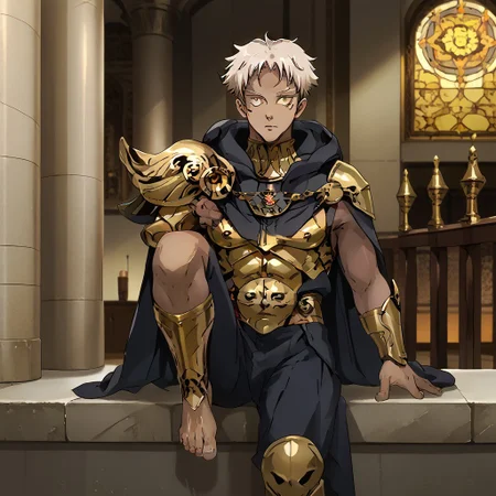 source_anime, anime screenshot, anime colouring, highly detailed, intricately detailed illustration,  Palace background, indoors, solo, 1male, Dark skin, white hair, yellow eyes, male focus, black cloak, black pants, barefoot, 5 toes, leg armor, gold leg armor, shin armor, shoeless leg armor, itadori yuuji, itadori_facial mark, sitting on ledge