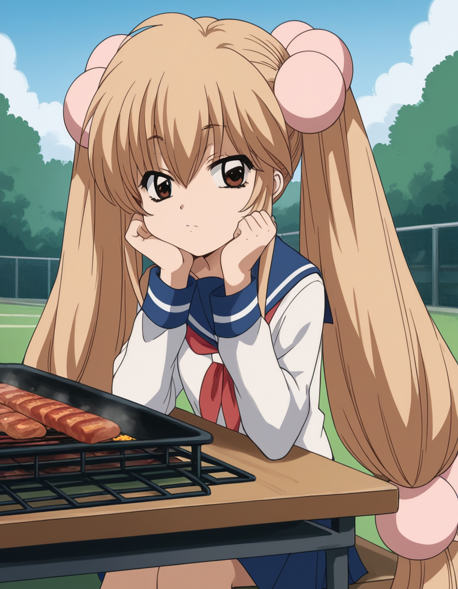 score_9, score_8_up, score_7_up, source_anime, <lora:rin-kokonoe-s1-ponyxl-lora-nochekaiser:1>, rin kokonoe, long hair, brown hair, hair ornament, twintails, brown eyes, very long hair, hair bobbles,, school uniform, serafuku, long sleeves,, backyard, barbecue, grilling, laughter, summer evening, , sitting, head rest, table,, looking at viewer, solo,, dutch angle, cowboy shot