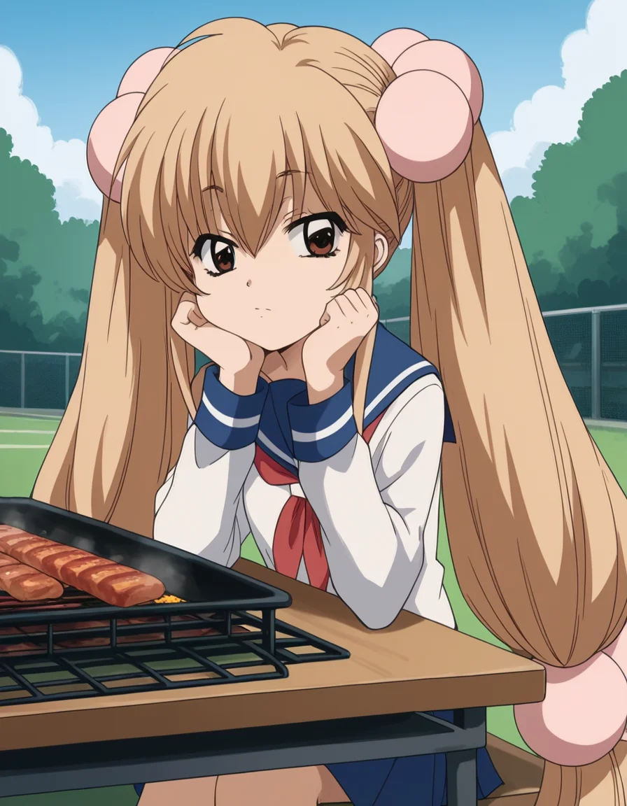 score_9, score_8_up, score_7_up, source_anime, <lora:rin-kokonoe-s1-ponyxl-lora-nochekaiser:1>, rin kokonoe, long hair, brown hair, hair ornament, twintails, brown eyes, very long hair, hair bobbles,, school uniform, serafuku, long sleeves,, backyard, barbecue, grilling, laughter, summer evening, , sitting, head rest, table,, looking at viewer, solo,, dutch angle, cowboy shot