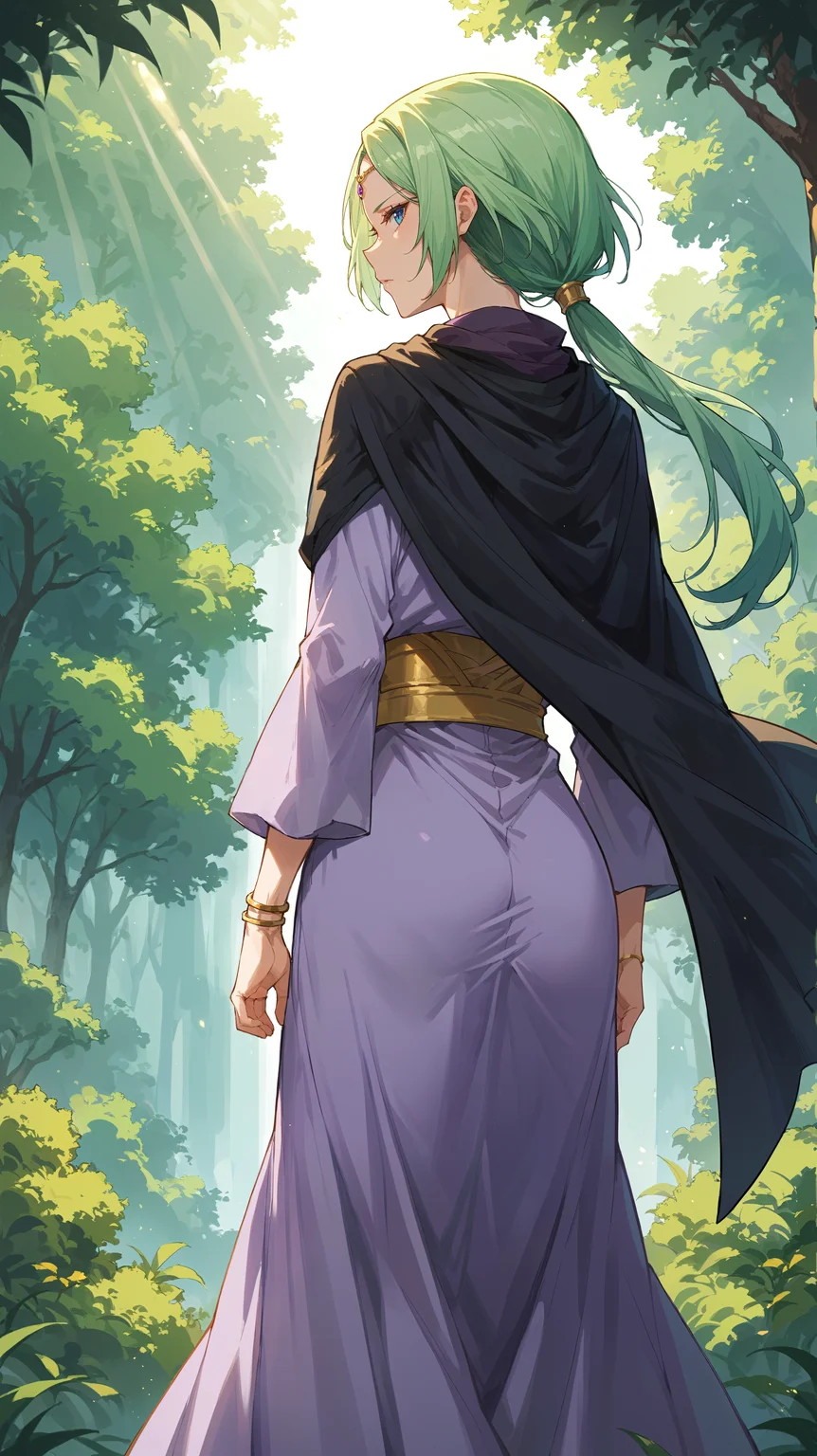 score_9,score_8_up,score_7_up,score_6_up, source_anime, zPDXL3, <lora:xl_more_art-full_v1:0.5>, woman, dynamic pose, turned away but looking back over her shoulder, <lora:Mjurran - Pony-000004:0.8>, long dress, purple dress, long sleeves, long cape, black cape, green hair, low ponytail, gold bracelet, blue eyes, purple forehead jewel, yellow waist sash, lush vegetation, outdoors, light rays,