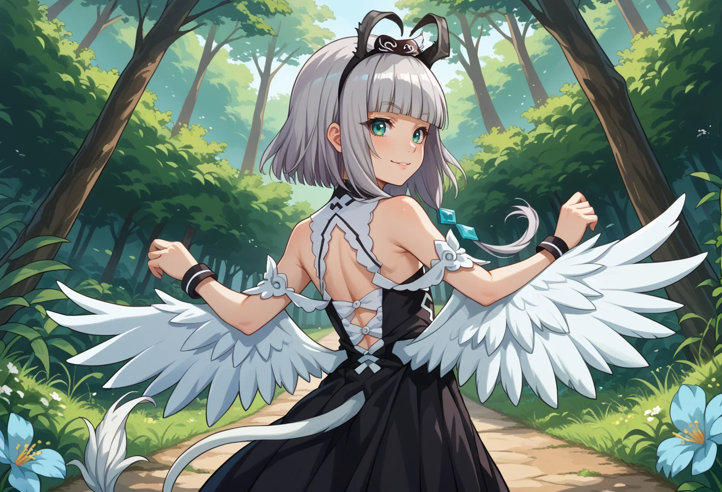score_9, score_7_up, source_anime, BREAK solo, <lora:AEVentuswill (2):0.8> AEVentuswillHu, teal eyes, grey hair, blunt bangs, short hair with long locks, black horns, tail, White wings, hairband, bare shoulders, black dress, white thighhighs,
smile, twisted torso, from behind, looking back,