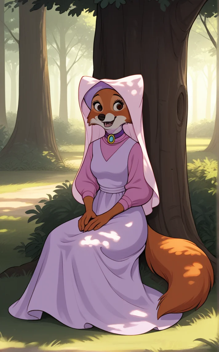 score_9, score_8_up, score_7_up, absurdres,dappled sunlight, tree shade, tree, day, nature, shadow, sitting, against tree, on ground, shade, sunlight, under tree, forest, outdoors, scenery, <lora:PONYXL_RobinHood_MaidMarian_ownwaifu:0.8> BREAK MainOutfit_MaidMarian_ownwaifu, 1girl, fox girl, animal nose, brown eyes, furry female, orange fur, habit, two-tone fur, white fur, body fur, snout, purple dress, veil, brooch, purple shirt, jewelry, puffy sleeves, hood up, long sleeves, puffy long sleeves, long dress, fangs, pinafore dress, gem, fox tail, blue gemstone, pink headwear, purple collar, tail, hooded cloak, breasts, turtleneck, medium breasts, <lora:add-detail-xl:0.15>,