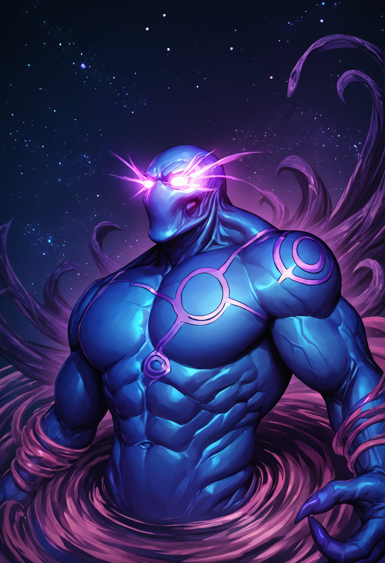 zPDXL3, score_9_up, score_8_up, score_7_up, detailed, (best quality:1.2), hi res, digital media \(artwork\) BREAK starry background, solo, portrait, close-up, 1boy, enigmadota, faceless, blue skin, glowing eyes, muscular, big pecs <lora:Enigma_DotA2_V1:1>
 <lora:detailed_notrigger:1>