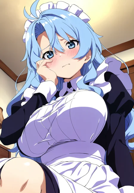 masterpiece,absurdres,best quality,high quality,<lora:MeMaXL5 Type C Vpred Noob:1>,(close-up:1.5),upper body,from below,1girl,blue hair,long hair,antenna hair,curtained hair,head tilt,embarrassed,hand close to face,breast press,big breasts,maid,maid headdress,sitting,side slit,arm at side,bedroom,looking at viewer,blush,long hair,blue hair,blue eyes,wavy hair,hair between eyes,loose hair strand,knees up,sagging breasts,
