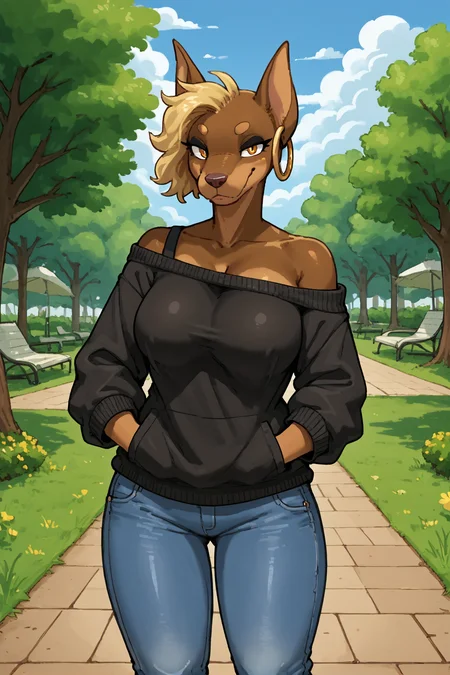 score_9_up, score_8_up, score_7_up, score_6_up, <lora:EFscribblestyle_XL_v2:1> scribblymode,
<lora:Pepper_XL_v3:1> pepperhb, dobermann, ear ring, anthro, park, sunshine, clouds, black sweater, off shoulder, jeans, hands in pockets, large breasts,