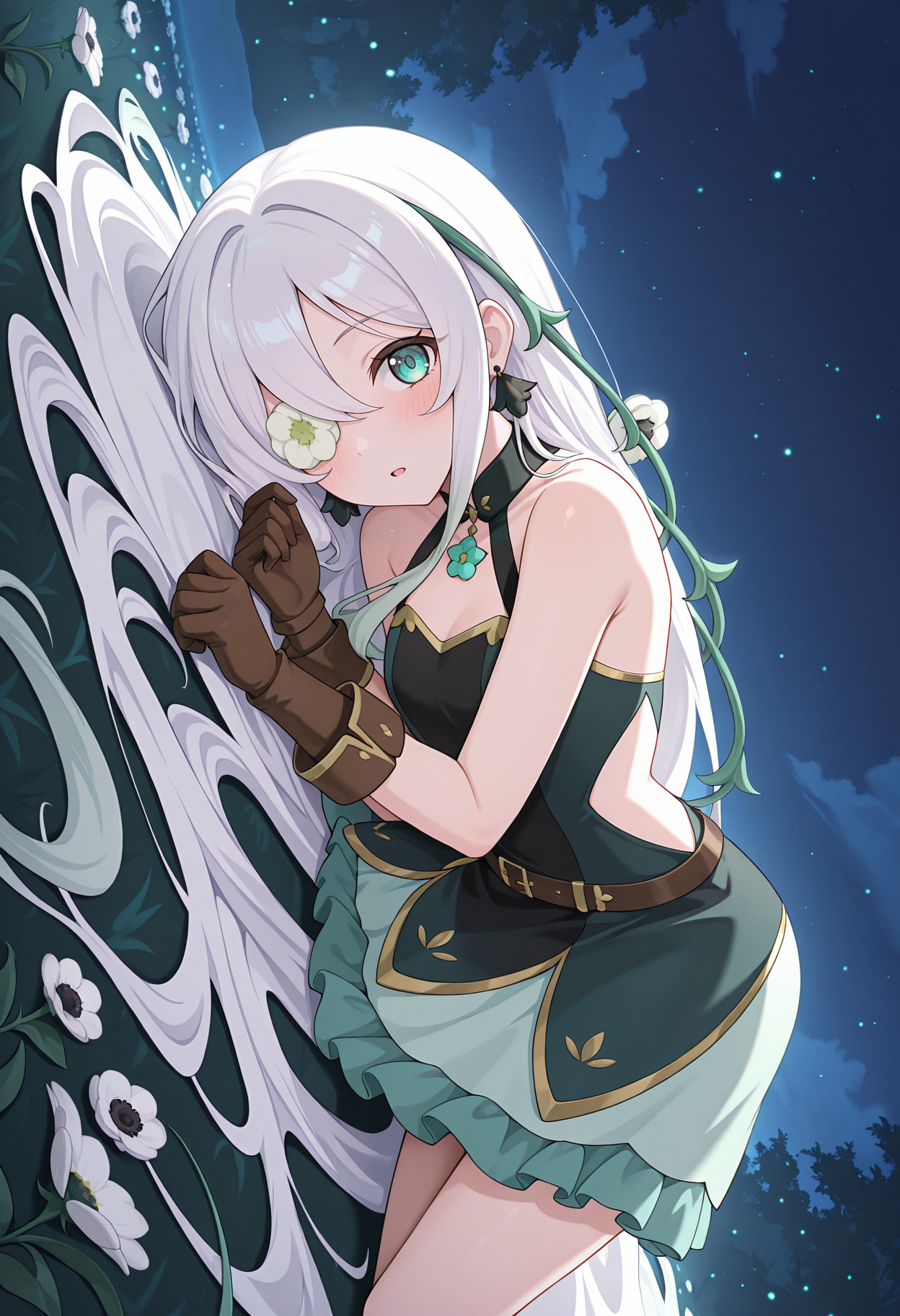 highres, best quality, masterpiece, night, outdoors, floral background, light particles,  
1girl, solo, pcranmn, absurdly long hair, multicolored hair, white hair, hair over one eye, flower over eye, aqua eyes, hair vines,
panmndef, black earrings, two-tone dress, black dress, green dress, gold trim, sleeveless dress, bare shoulders, shoulder strap, plant strap, plant, flower, brown gloves, belt, green skirt, frilled skirt, side cutout,
blush, looking at viewer, 
head tilt, open mouth, sideways, from side, lying,
anemone \(flower\), vines,
<lora:_anemone_pcr-elesico-ilxlB:1>