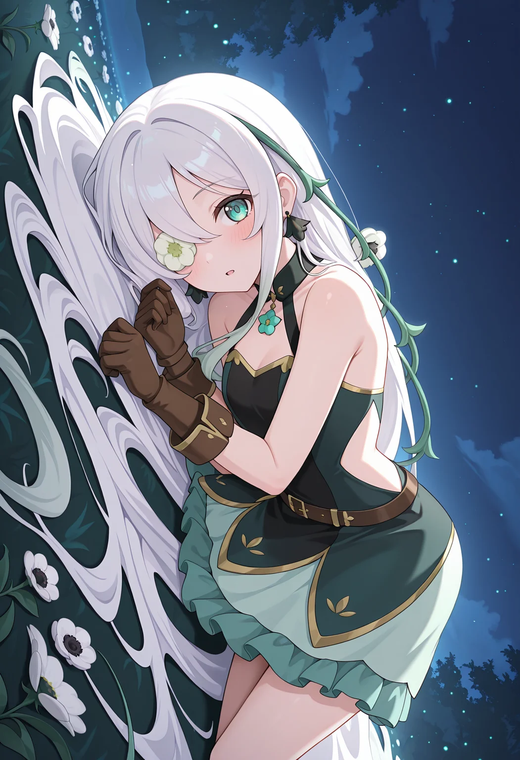 highres, best quality, masterpiece, night, outdoors, floral background, light particles,
1girl, solo, pcranmn, absurdly long hair, multicolored hair, white hair, hair over one eye, flower over eye, aqua eyes, hair vines,
panmndef, black earrings, two-tone dress, black dress, green dress, gold trim, sleeveless dress, bare shoulders, shoulder strap, plant strap, plant, flower, brown gloves, belt, green skirt, frilled skirt, side cutout,
blush, looking at viewer,
head tilt, open mouth, sideways, from side, lying,
anemone \(flower\), vines,
<lora:_anemone_pcr-elesico-ilxlB:1>