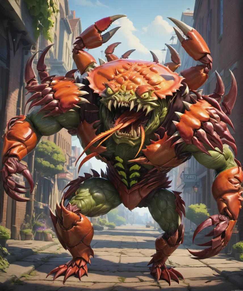 best quality,masterpiece,a fleshmutant crab demon running at the veiwer,hulking abomination,3d,art by pixar,cartoon,<lora:XLFleshMonstrosityV2:1>