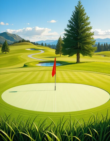 A beautifully maintained golf green in the golden light of late afternoon. The smooth, vibrant green grass is perfectly trimmed, with subtle undulations adding depth to the putting surface. A bright red flag flutters gently atop a sleek white pin, marking the hole at the center of the green. Surrounding the green, a soft fringe of slightly longer grass transitions into the rolling fairway, which stretches toward the horizon. In the background, tall pine trees cast long shadows, and a tranquil water hazard reflects the warm hues of the sky. The atmosphere is calm and inviting, capturing the essence of a perfect golfing moment.
<lora:SDXLFaeTastic2400:0.4> <lora:extremely_detailed:0.4> extremely detailed, <lora:golf_c0urs3-ill:1>,golf c0urs3, Masterpiece,best quality,hi res,8k,hi res,8k,award winning,(sharp focus, intricate, highly detailed),