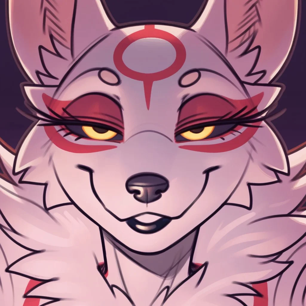 score_9, score_8_up, score_7_up, masterpiece, best quality, highly detailed, realistic, (zPDXL3), 1girl, solo, (AmaterasuDWD, furry, anthro, female wolf, white body, white fur, red markings, black nose, black lipstick, black sclera, yellow eyes), narrowed eyes, smile ((black background, simple background, close-up, face only, closed mouth, teeth, looking at viewer)), (meesh)