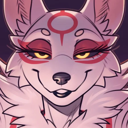 score_9, score_8_up, score_7_up, masterpiece, best quality, highly detailed, realistic, (zPDXL3), 1girl, solo, (AmaterasuDWD, furry, anthro, female wolf, white body, white fur, red markings, black nose, black lipstick, black sclera, yellow eyes), narrowed eyes, smile ((black background, simple background, close-up, face only, closed mouth, teeth, looking at viewer)), (meesh)