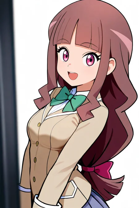 masterpiece, High quality, Ultra detailed, 2d, newest, absurdres, highres, BREAK
1girl, solo, <lora:tsukiyono_ruli:0.8>, ruli_tsukiyono,  long hair, low-tied long hair, blunt bangs, brown hair, purple eyes, 
medium breasts, rulidef, long sleeves, school uniform, green bowtie, brown jacket, blazer, white shirt, upper body, 
looking at viewer, smile, open mouth,