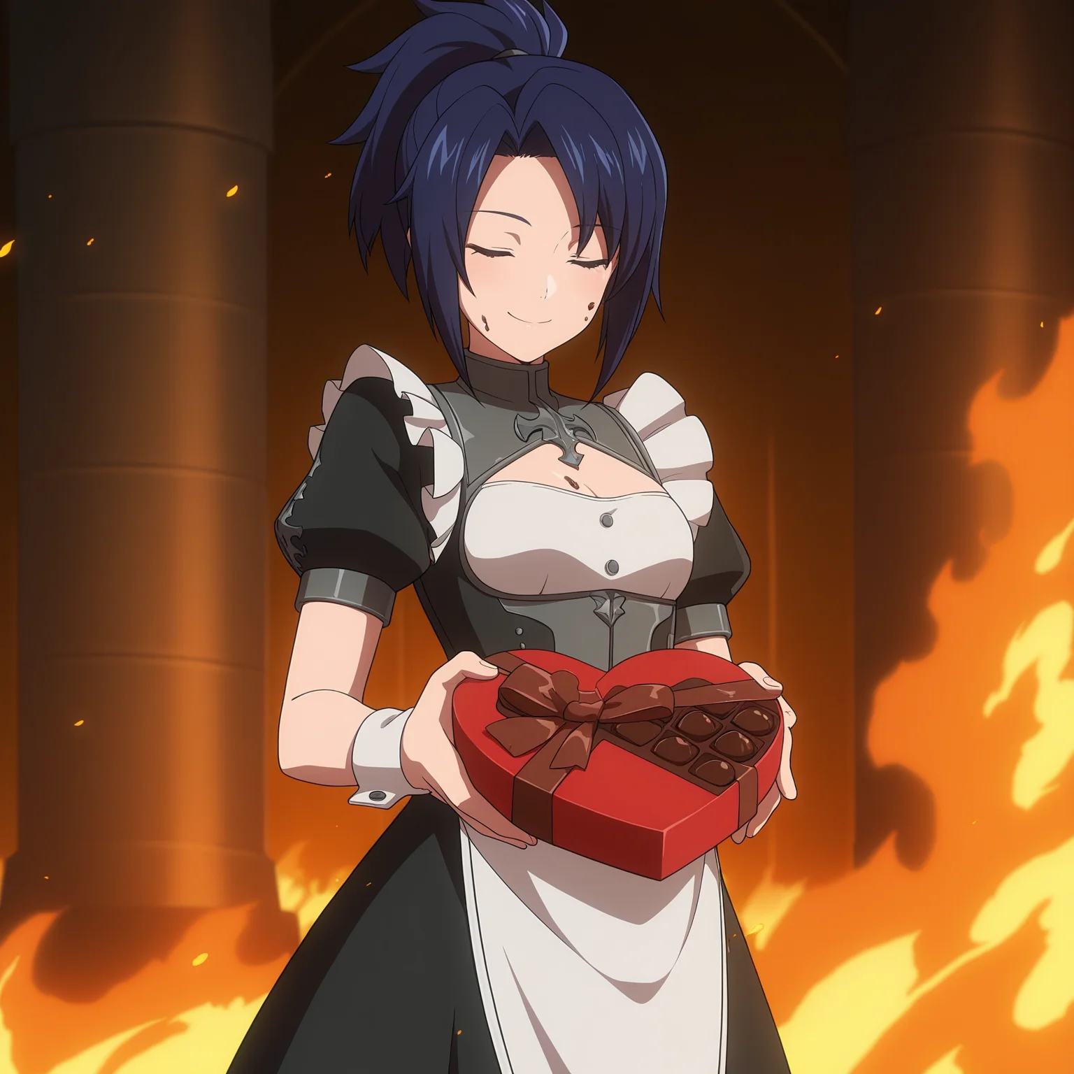 masterpiece, best quality, amazing quality, anime screencap, 1girl, solo, standing, cowboy shot, smile, closed eyes, chocolate on body, chocolate on face, <lora:inquisitor_dnf_duel:0.9>, inquisitor \(dnf duel\), blue hair, ponytail, high ponytail, short ponytail, blue eyes, small breasts, maid, fire, burning, heart-shaped box,