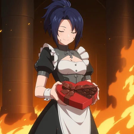 masterpiece, best quality, amazing quality, anime screencap, 1girl, solo, standing, cowboy shot, smile, closed eyes, chocolate on body, chocolate on face, <lora:inquisitor_dnf_duel:0.9>, inquisitor \(dnf duel\), blue hair, ponytail, high ponytail, short ponytail, blue eyes, small breasts, maid, fire, burning, heart-shaped box,