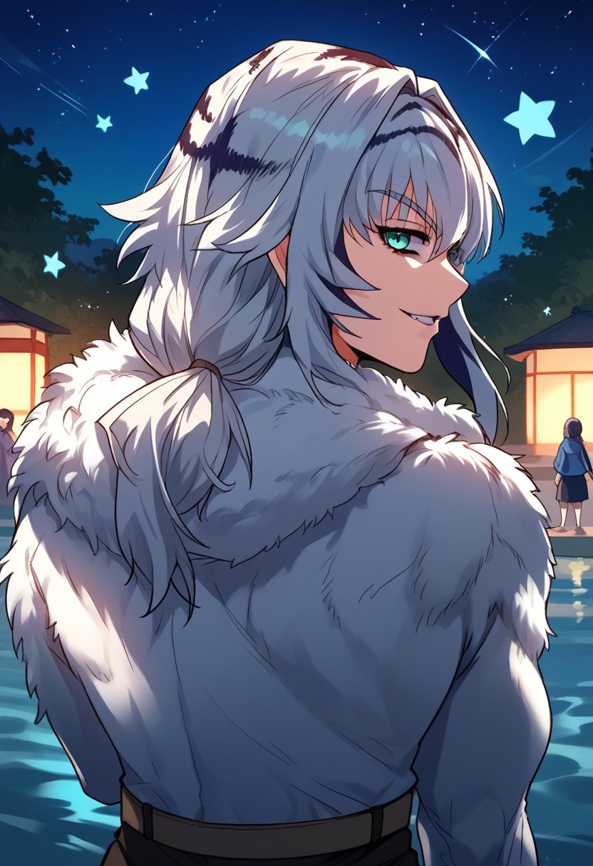 zPDXL3, score_9_up, score_8_up, score_7_up, (Anime_source), 1girl, Yenlang, muscular female, teal eyes, multicolored hair, white hair, long hair, Yenlang clothes, (looking back), upper body, looking at viewer, smile, parted lips, night, star(sky), water waves, standing outside